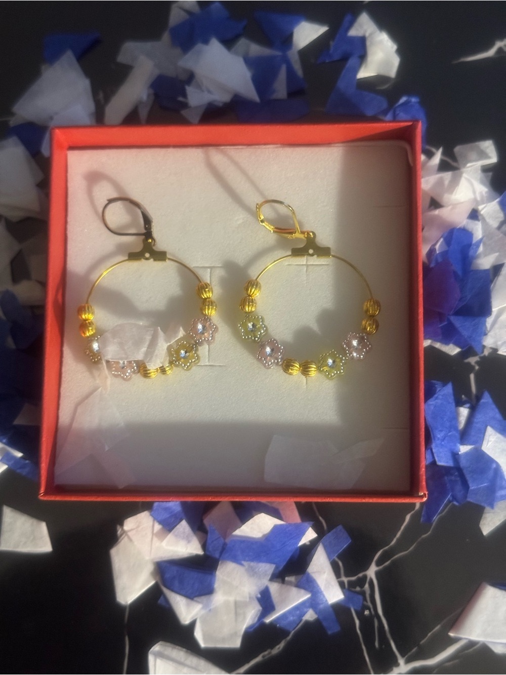 Gold Hoop Earrings with Pink and White Flower Accents